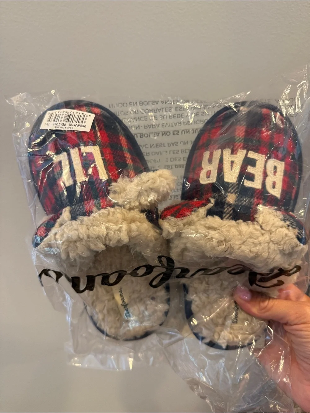 Plaid 'Lil Bear' Sherpa-Lined Kids Slippers - Red/Blue slippers 13/1